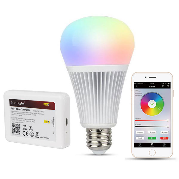 A19 MiLight Wi-Fi Smart LED Bulb - RGB+Tunable White - 9-Watt (60-Watt Equivalent) - 850 Lumens - Smartphone Compatible - Click Image to Close