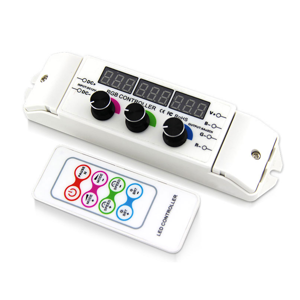 Three Color RGB LED Dimmer with Digital Display and RF Remote - Dynamic Color-Changing Modes - 6 Amps/Channel