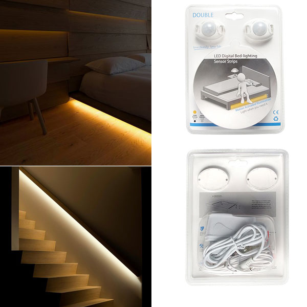 LED Digital Bed-lighting Sensor Strips motion Bedroom Light DC 12V - Warm White under Cabinet Hallway Dark Corner 2 x1.5M Double Bed