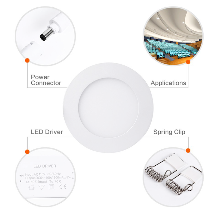 10mm Thick Round Shape Low Profile Recessed Ceiling - LED Downlight w/ Baffle Trim - 100-265 V AC