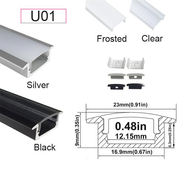 Flush Mount Aluminum Profile Housing for LED Strip Lights - U01-K Series