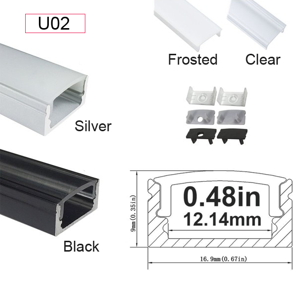 Low Profile Surface Mount LED Profile Housing for LED Strip Lights - U02-K Series